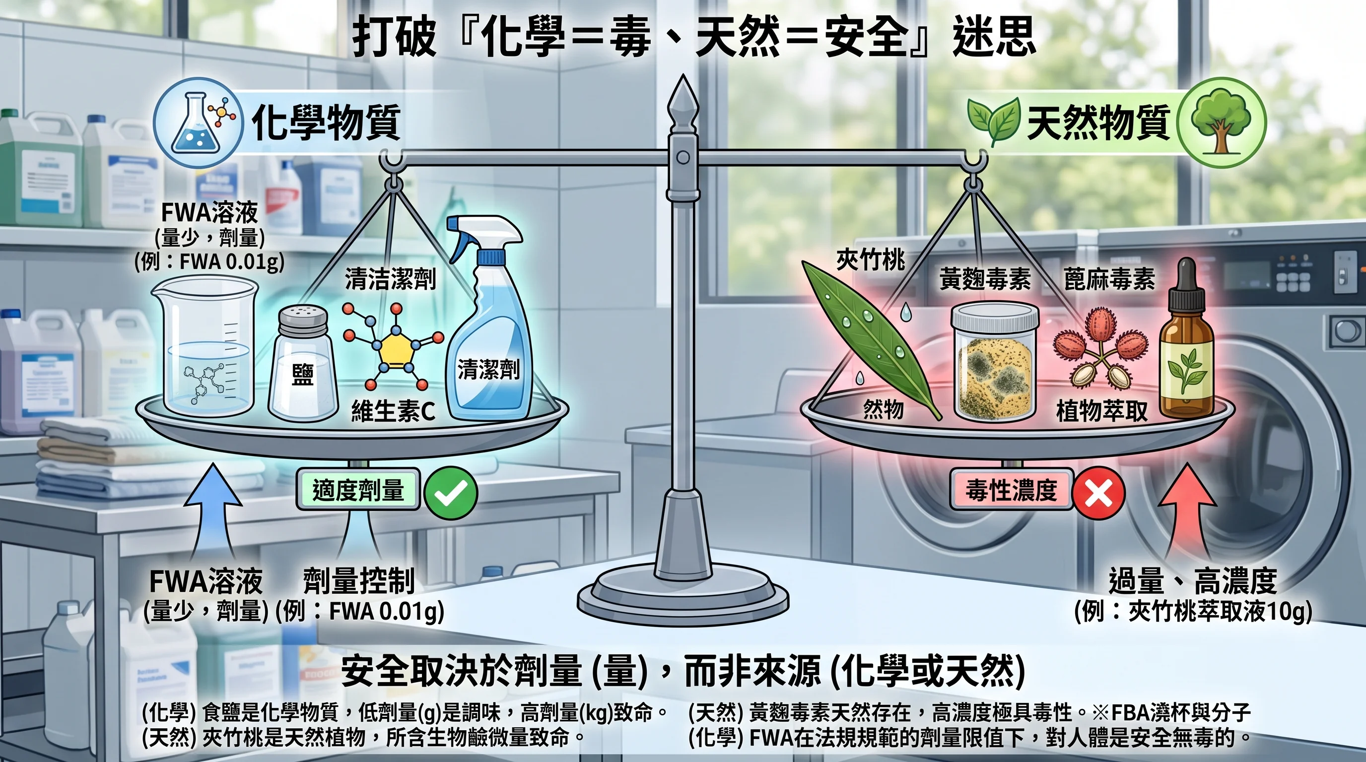 打破化學等於毒、天然等於安全迷思的天平圖解，安全取決於劑量而非來源