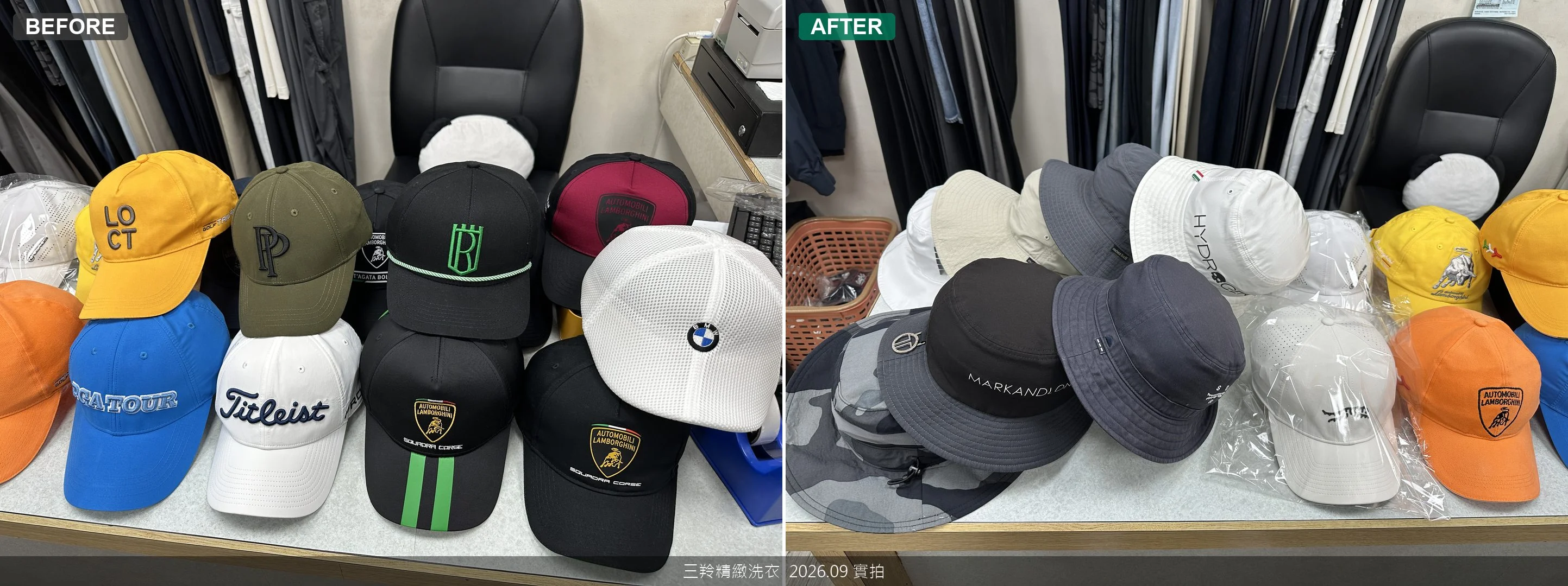 十多頂棒球帽與精品漁夫帽洗護完成壯觀大合照